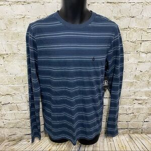 NWT Volcom Gray Blue Striped Parables Long Sleeve Crew T Shirt